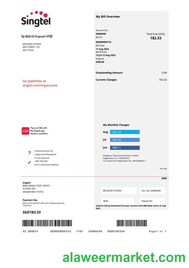 USA Singtel utility bill template in Word and PDF format